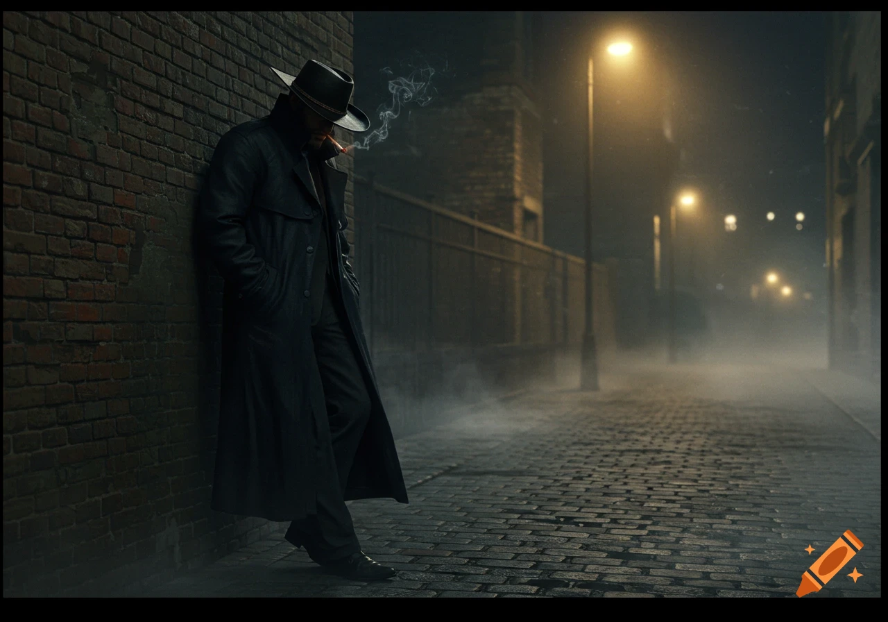 A man in a black trench coat and cowboy hat leans against a brick wall on a foggy, wet cobblestone street at night, smoking.