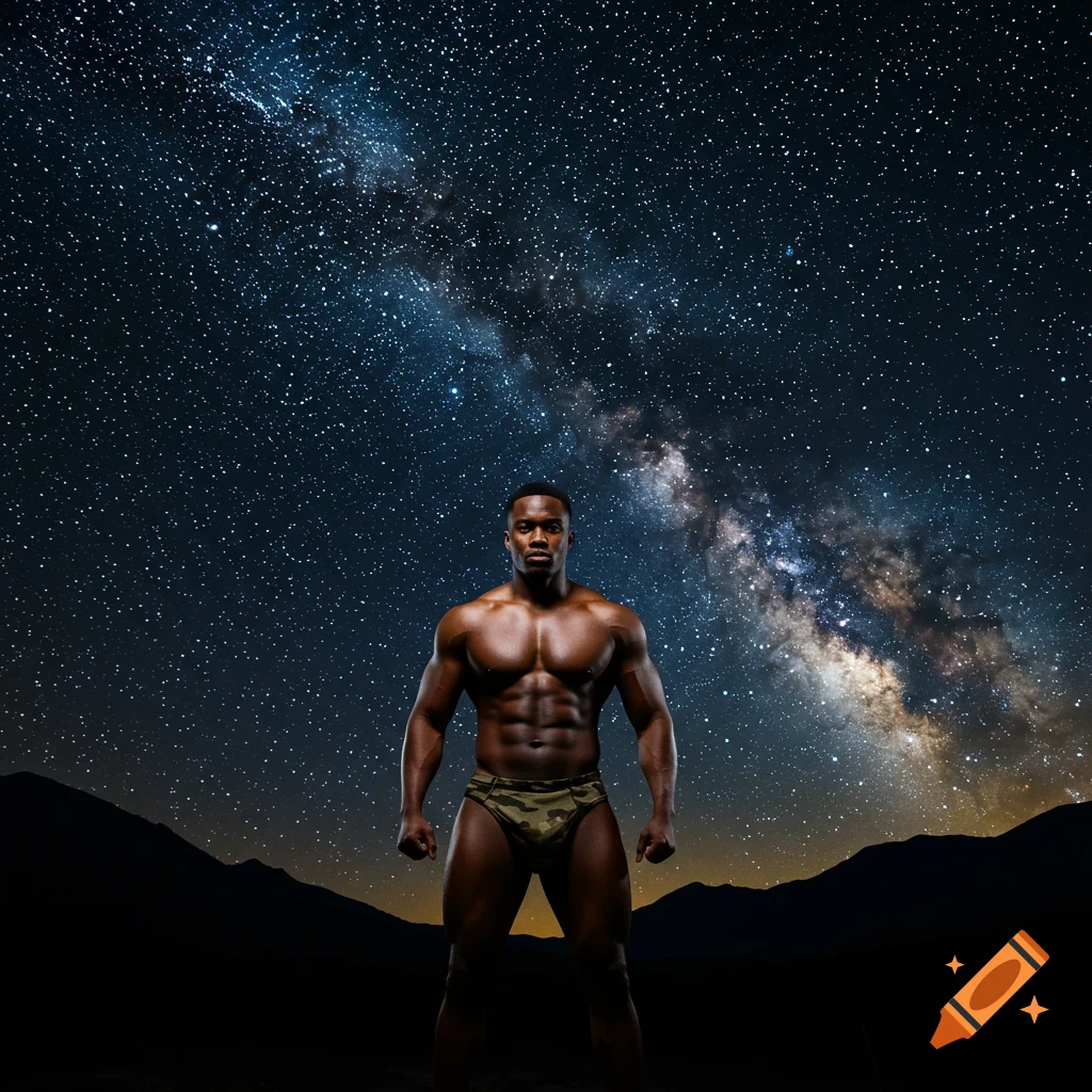A muscular man in a camouflage loincloth stands posing under a vibrant starry night sky with silhouetted mountains.