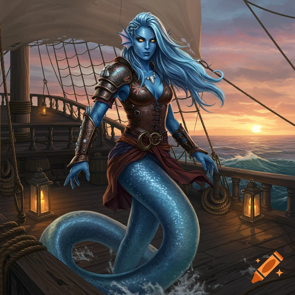 A blue-skinned female triton in leather armor stands on a pirate ship deck at sunset.