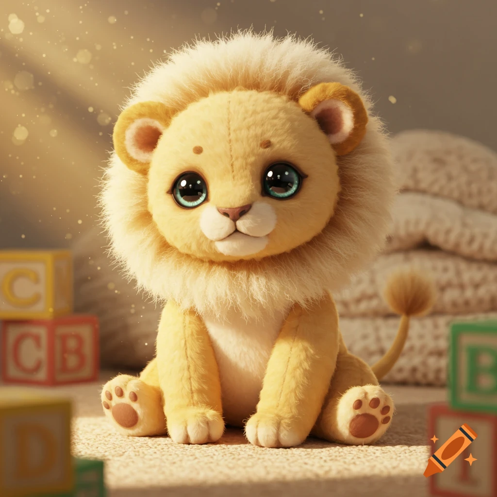 A cute golden plushie baby lion with big blue eyes sits on a carpet, surrounded by children's building blocks.