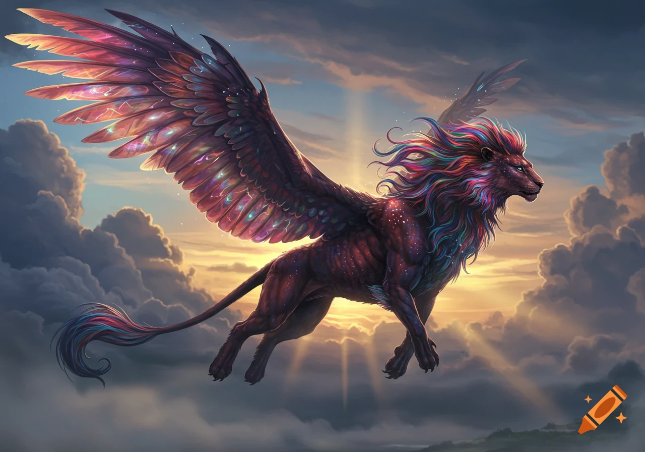 A vibrant, muscular, lion-like mythical creature with a multicolored feathered mane and iridescent wings flies through clouds at sunset, digital painting.
