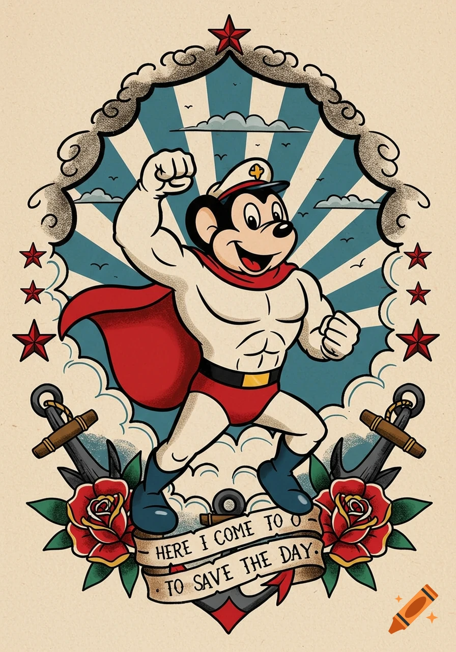 A cartoon superhero mouse, resembling Mighty Mouse, in a traditional tattoo style. He wears a red cape and white suit, flexing his arm, with red stars, clouds, roses, and anchors around him. A banner below reads "HERE I COME TO TO SAVE THE DAY."