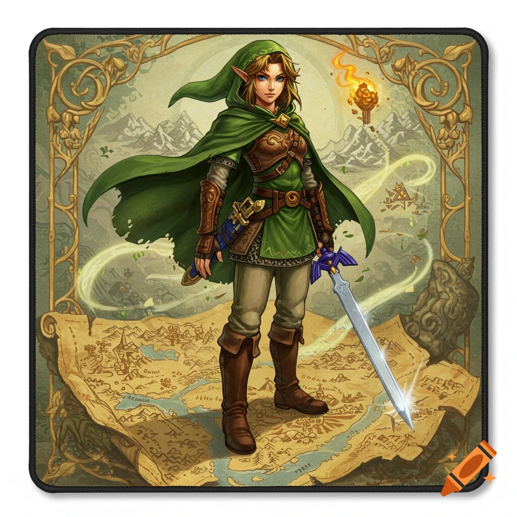 Link from Legend of Zelda standing on an ornate map with his sword, in a fantasy illustration style.