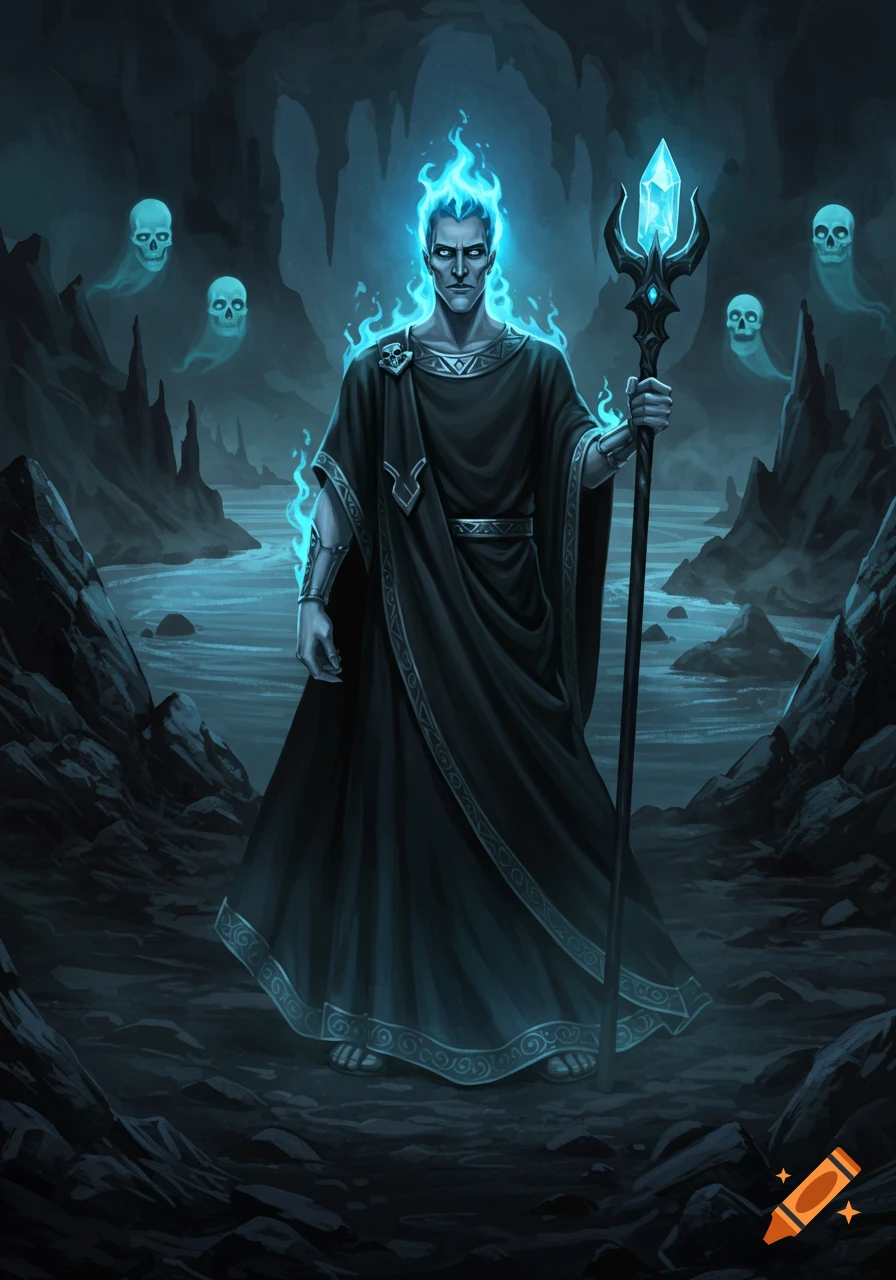 A regal Hades with glowing blue flame hair and eyes stands in a dark cave, holding a staff, with ghostly skulls floating around.