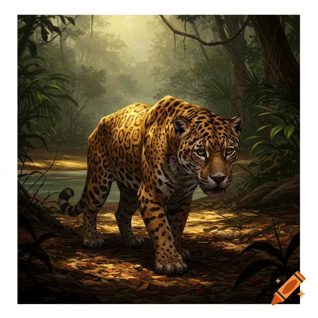 A photorealistic illustration of a jaguar walking on a sun-dappled jungle path, looking towards the viewer.
