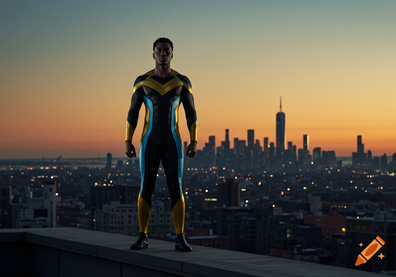 A photorealistic male superhero in a black, gold, and blue skintight suit stands heroically on a rooftop overlooking a city skyline at sunset.