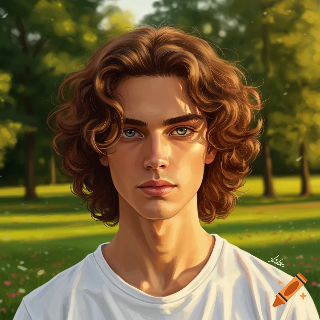 A close-up digital painting of a young man with curly brown hair and blue-green eyes, wearing a white t-shirt, in a sunlit park.