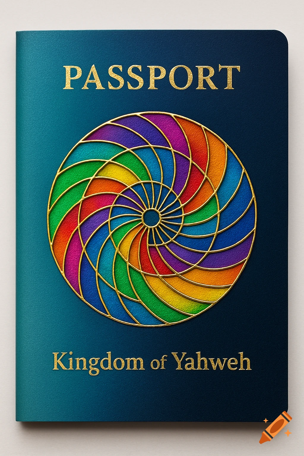 A teal blue passport cover with a colorful, spiraling geometric design and gold text 'PASSPORT' and 'Kingdom of Yahweh'.