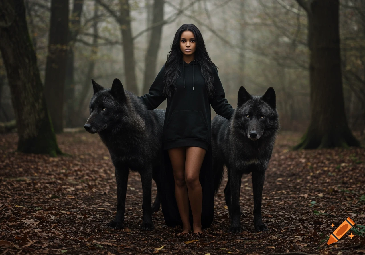A young woman with long black hair stands barefoot between two large black wolves in a dark, misty forest. Photorealistic.
