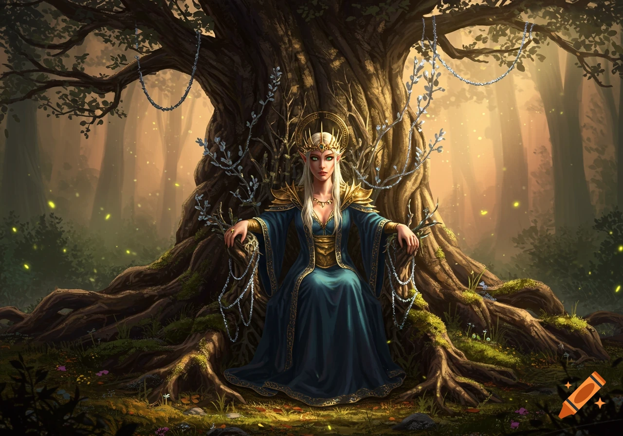 An empress with blonde hair and green eyes sits on a throne formed by a large, ancient tree in a magical forest.