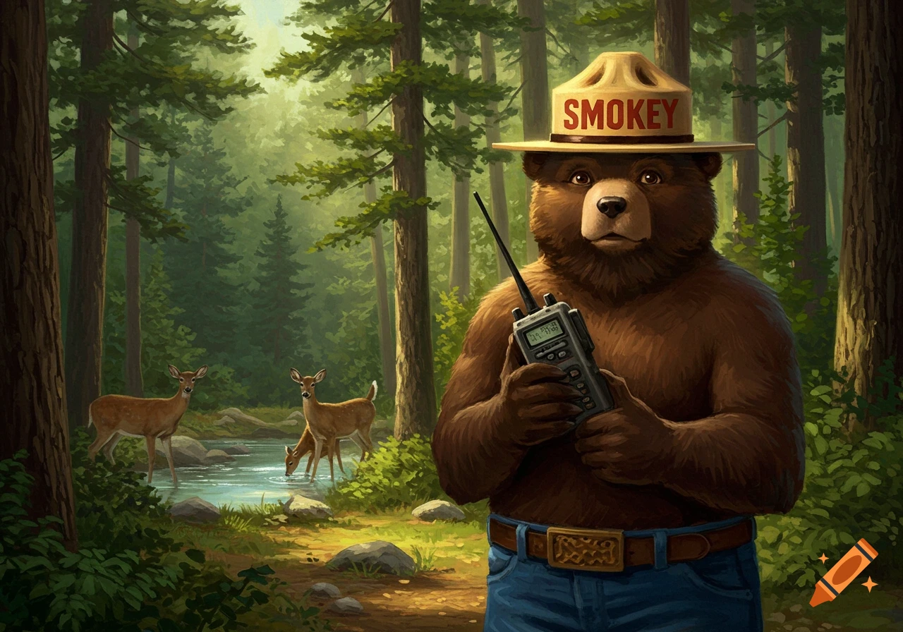Smokey the Bear in a ranger hat holds a two-way radio in a lush forest with deer by a stream, digital illustration.