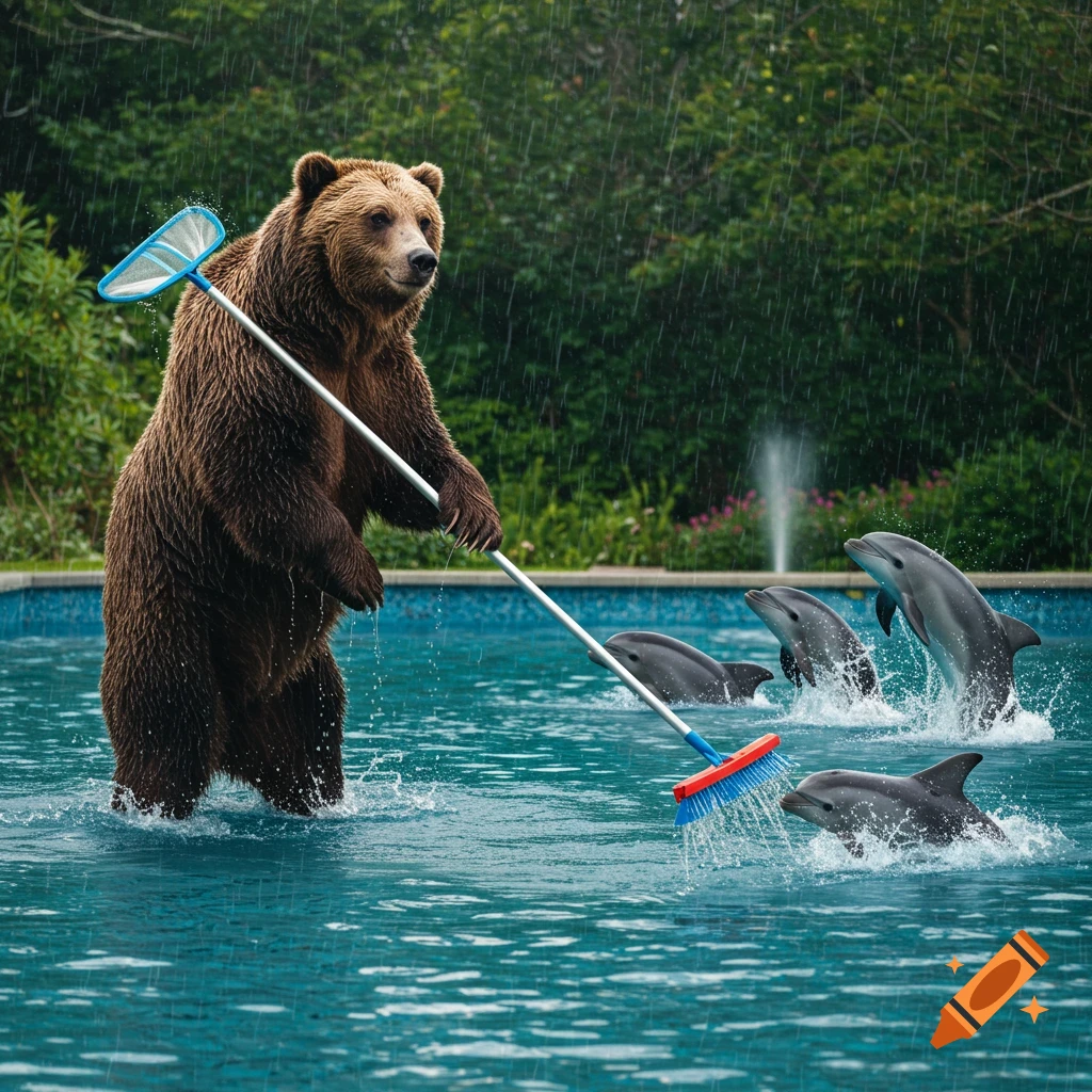 A grizzly bear stands in a swimming pool, holding a pool skimmer in the rain, with dolphins jumping around it.