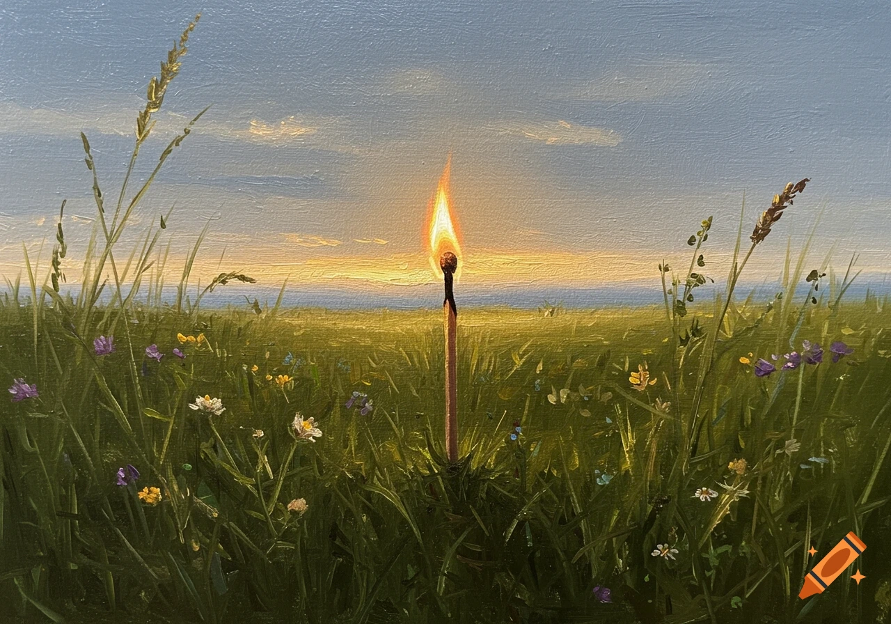 An oil painting depicts a burning match standing upright in a grassy field at sunset, with a clear sky.