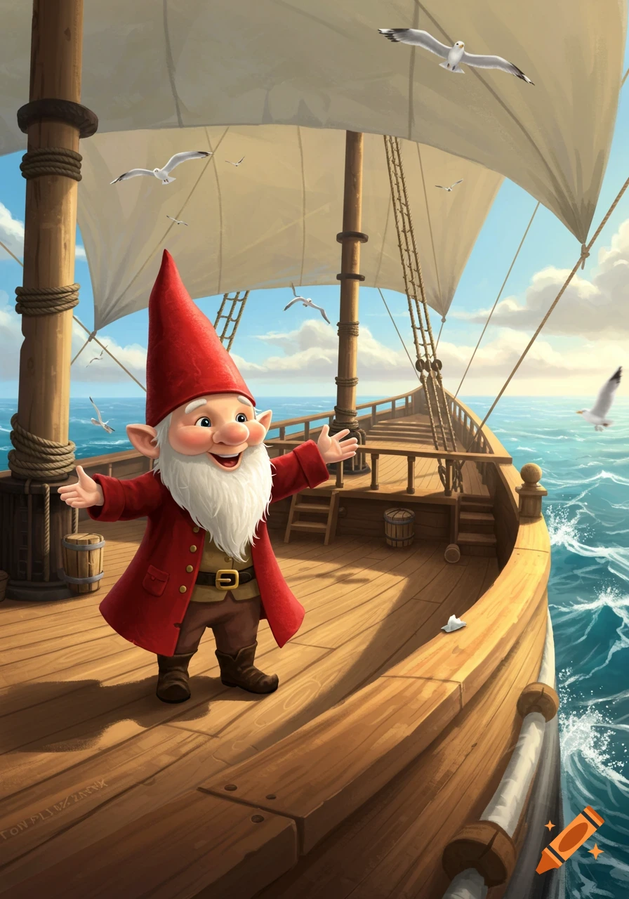 A cheerful cartoon gnome in a red coat and hat stands on the wooden deck of a sailing ship with white sails and gulls flying overhead on a sunny day.