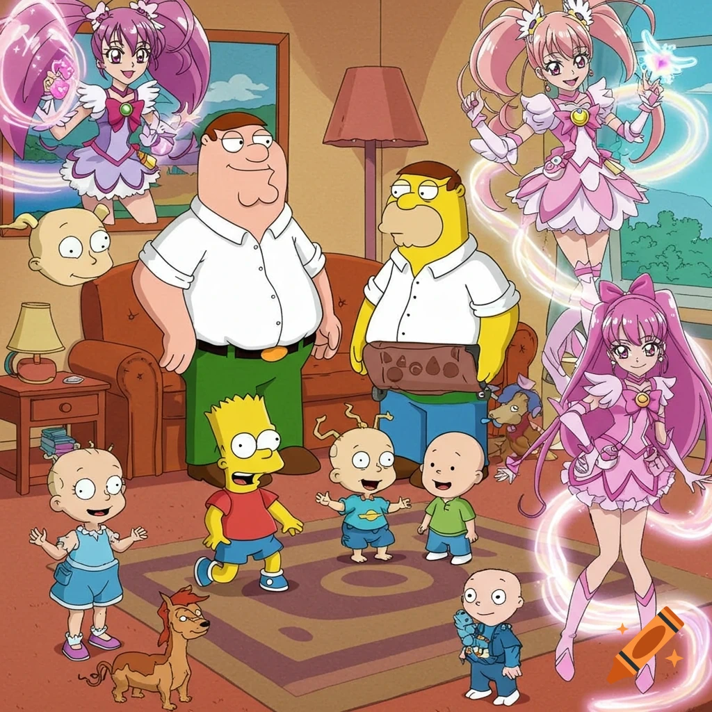 Crossover image of Peter Griffin, Homer Simpson, Bart, Rugrats babies, Caillou, and Pretty Cure characters in a cartoon living room setting.