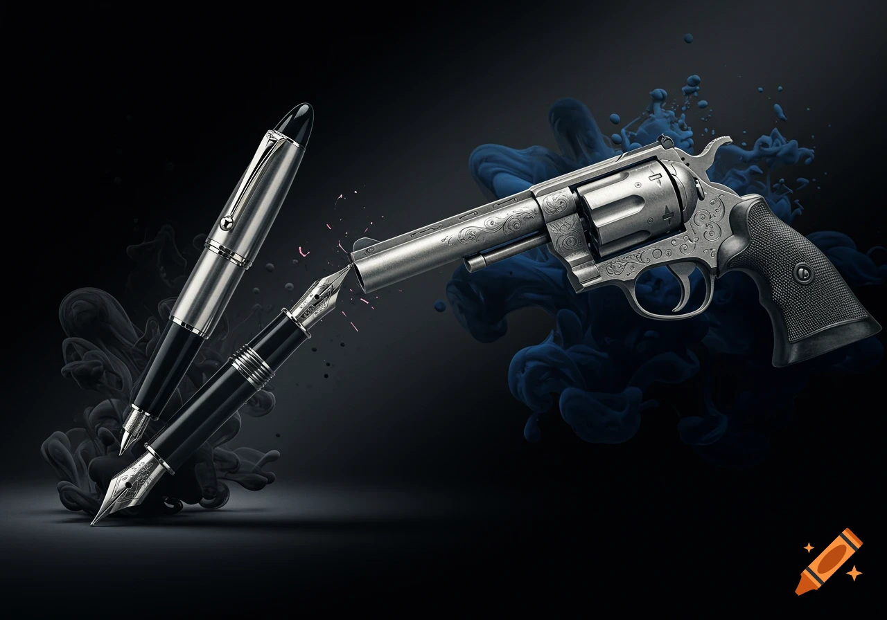 A stylized image of a silver fountain pen clashing with a revolver against a dark, smoky background.