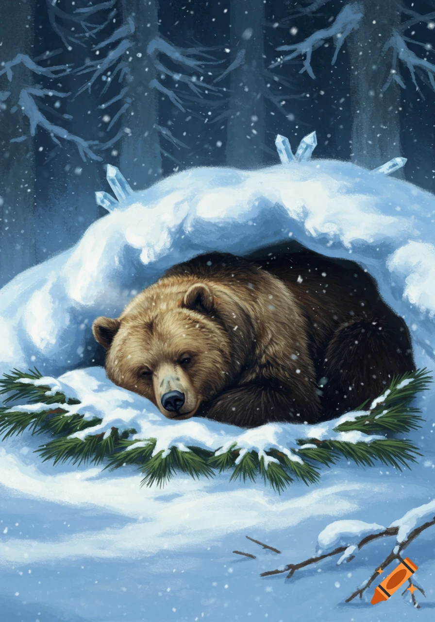 A brown bear sleeps curled up in a snowy den surrounded by pine branches as snow falls.