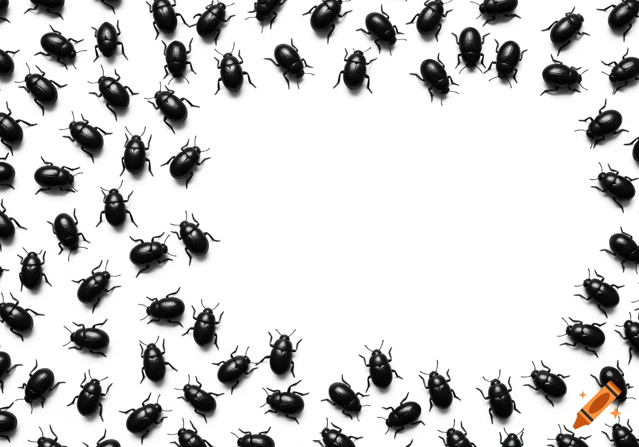 Top-down view of numerous small black beetles framing a white background.