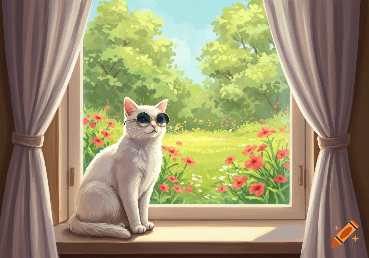 A white cat wearing small round sunglasses sits on a windowsill looking out at a bright green garden with red flowers.