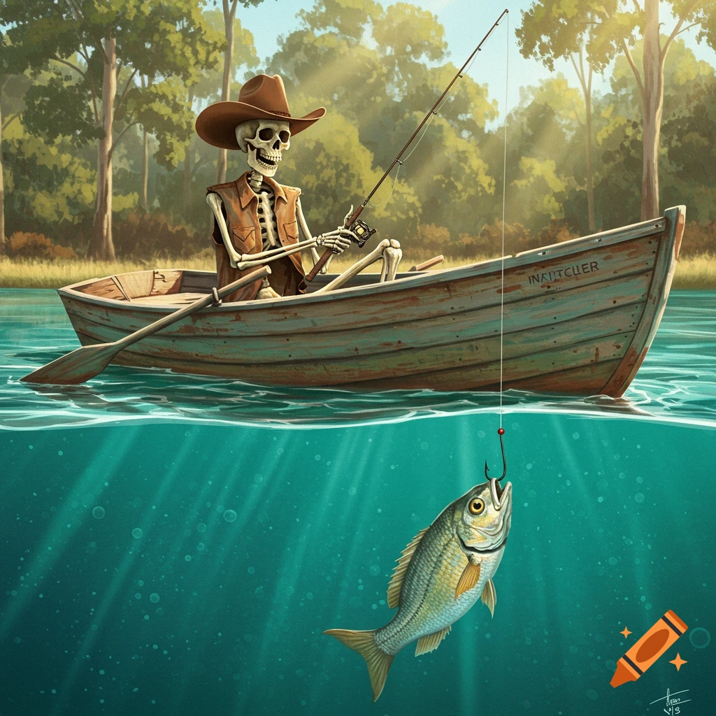 A skeleton wearing a cowboy hat and a sleeveless shirt fishes from a wooden boat on a river. Below the water, a fish has just taken the hook.