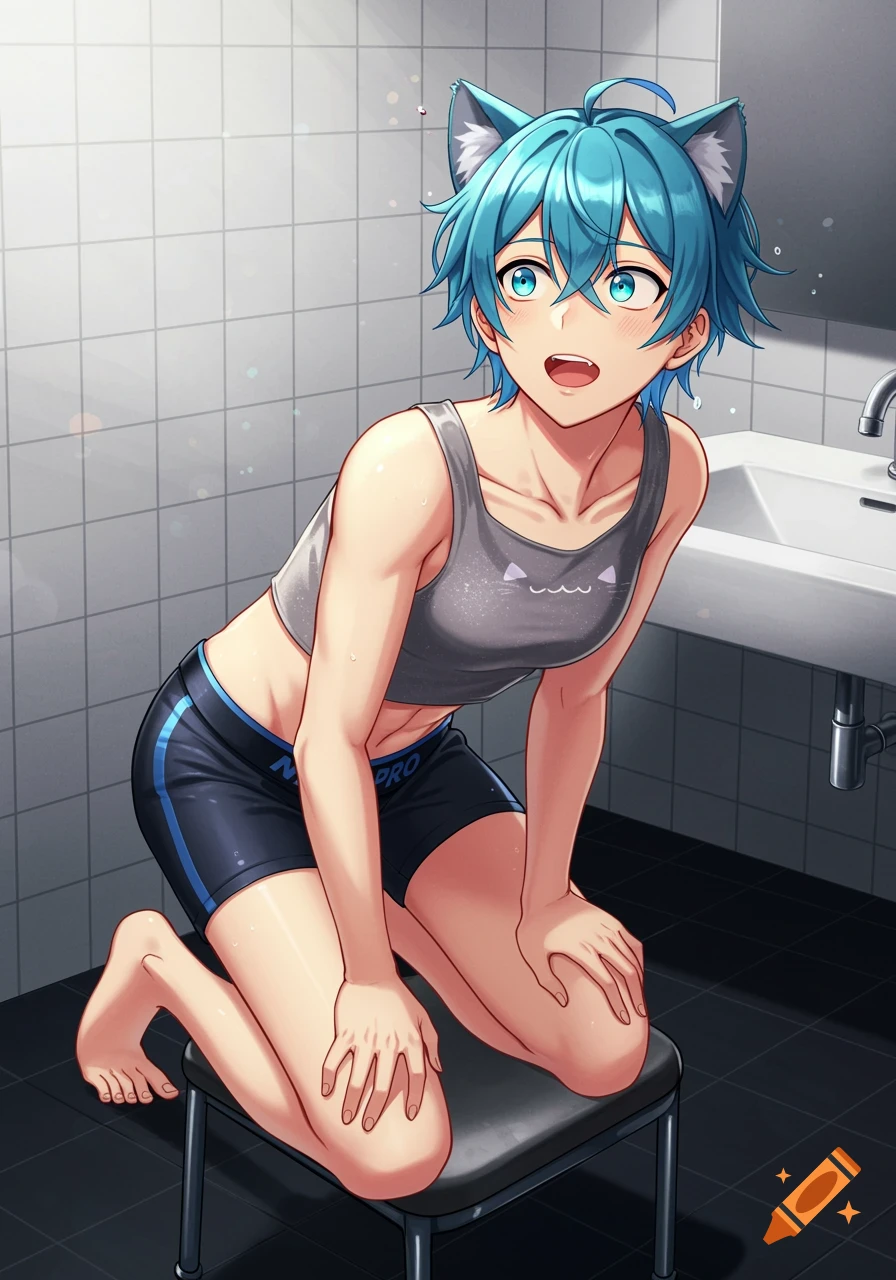 An anime catboy with blue hair and cat ears kneels on a stool in a bathroom, wearing a gray crop top and dark shorts.