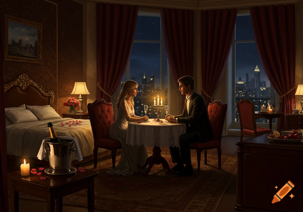 A couple enjoys a romantic candlelight dinner in a luxurious hotel room with a city view at night, digital art.