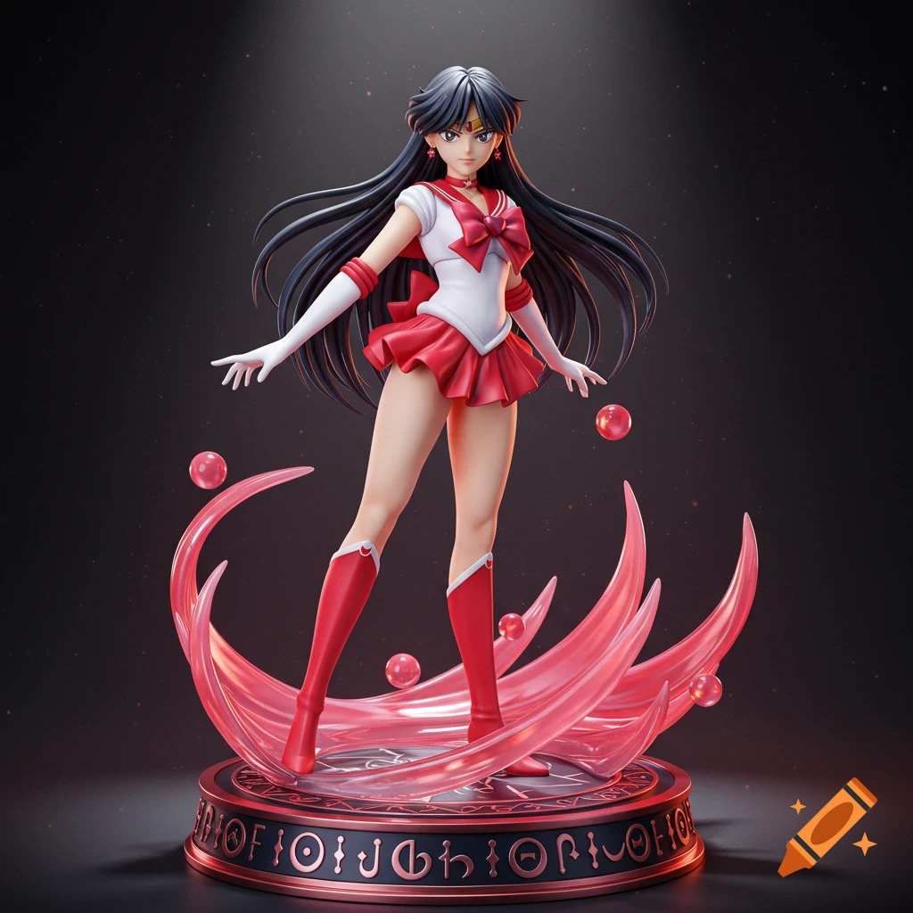 A plastic statue of Sailor Mars with long black hair, wearing a red and white sailor uniform, standing on a circular base with glowing red accents.