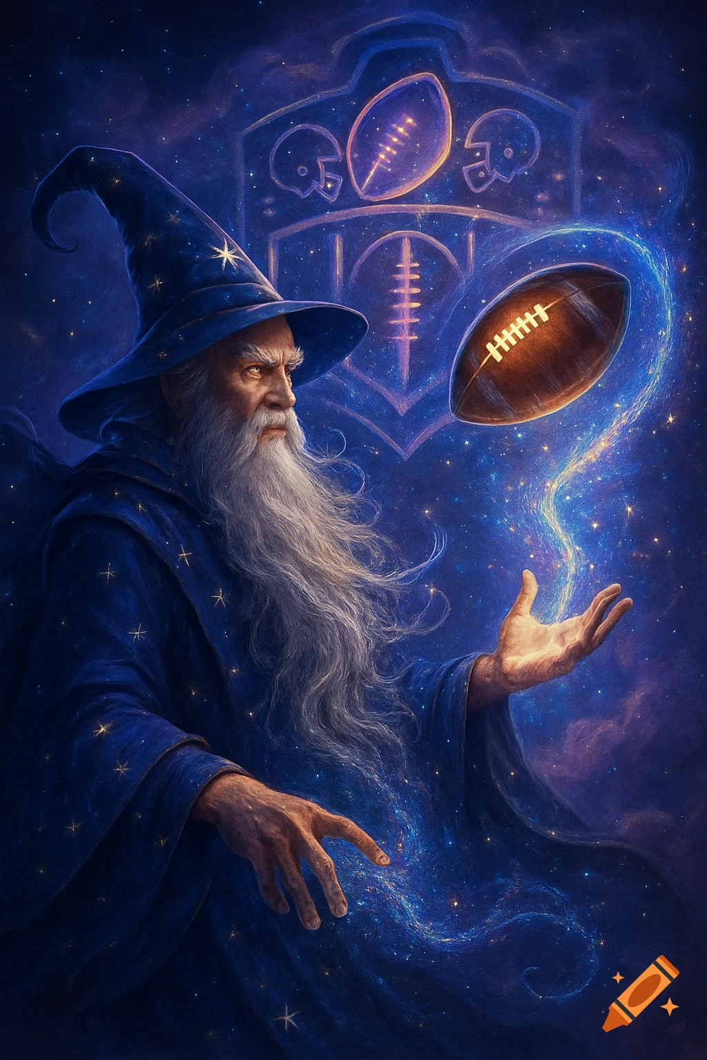 A wizard in a blue robe and hat conjures a glowing American football amidst a starry, mystical background.