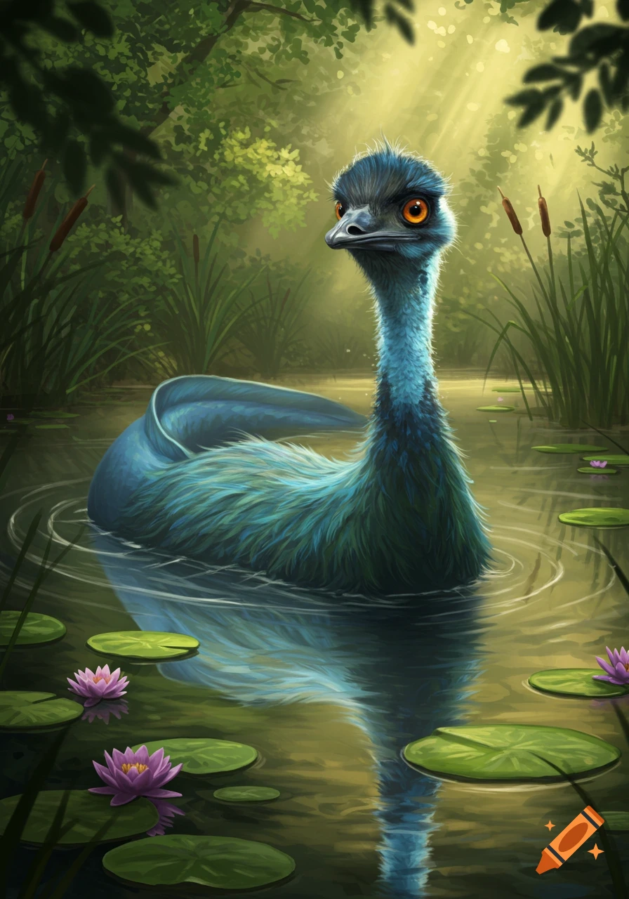 A blue emu-eel creature submerged in a pond with lily pads and reeds, bathed in sunlight.