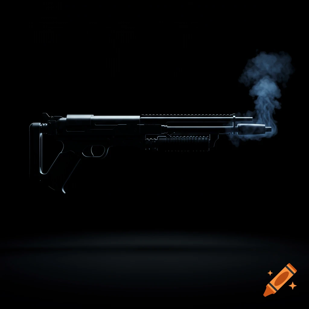 A dark, silhouetted modern firearm with smoke rising from its barrel, against a black background.
