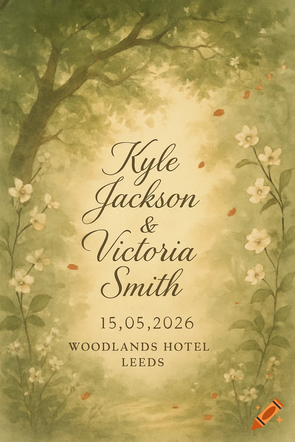 A watercolor-style wedding invitation with a green forest and white flowers framing the names Kyle Jackson and Victoria Smith, the date 15,05,2026, and the venue Woodlands Hotel Leeds.