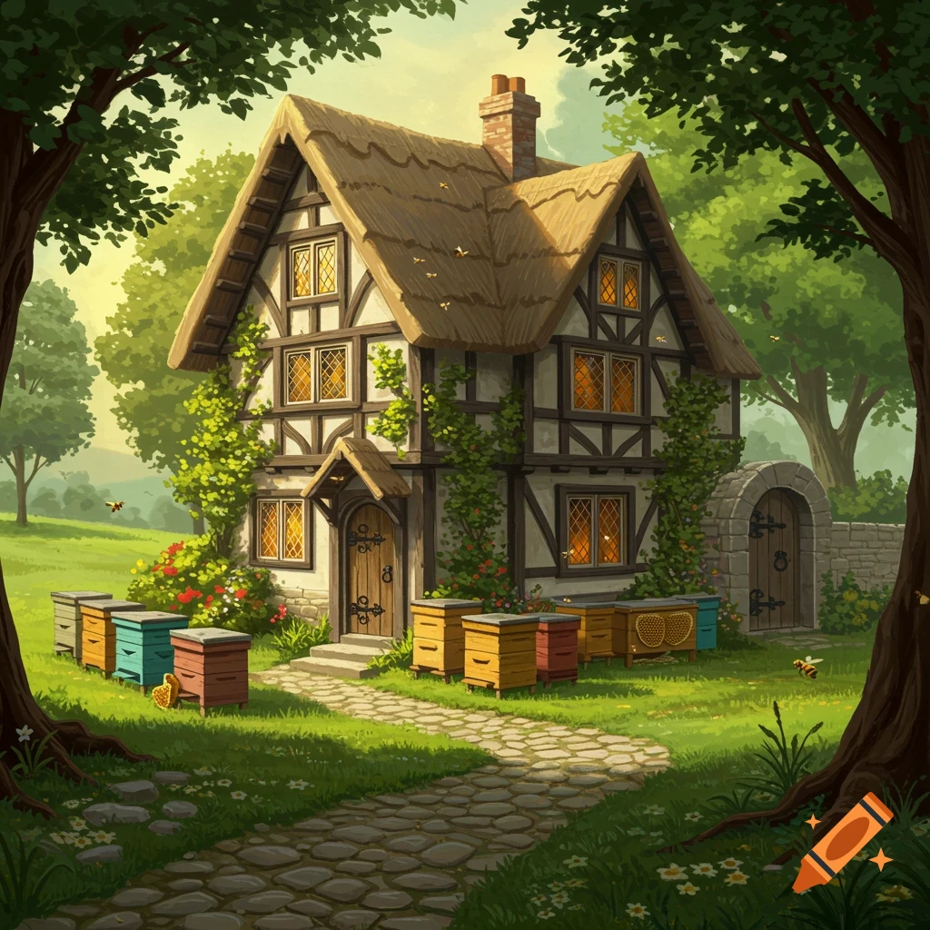 Whimsical illustration of a medieval Tudor house with a thatched roof, surrounded by lush trees, flowers, and colorful beehives with bees flying.