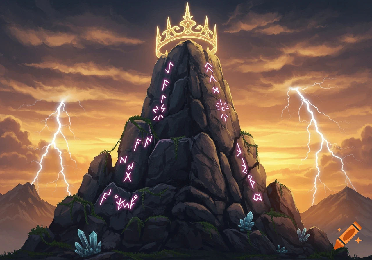 A glowing golden crown sits atop a dark, jagged mountain illuminated by lightning and mystical purple runes, under an orange and purple sky.