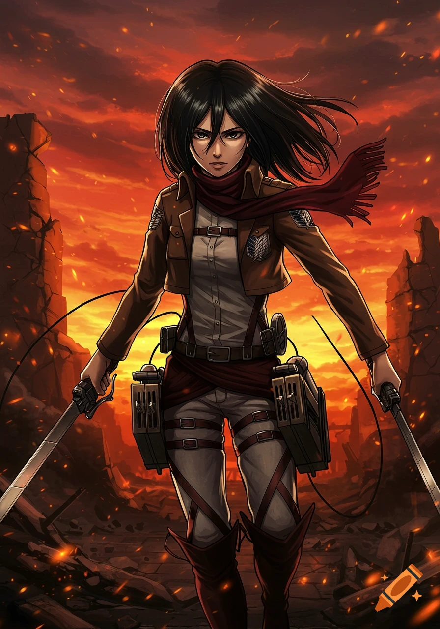 Mikasa Ackerman from Attack on Titan stands with dual swords in a fiery, war-torn landscape, anime style.