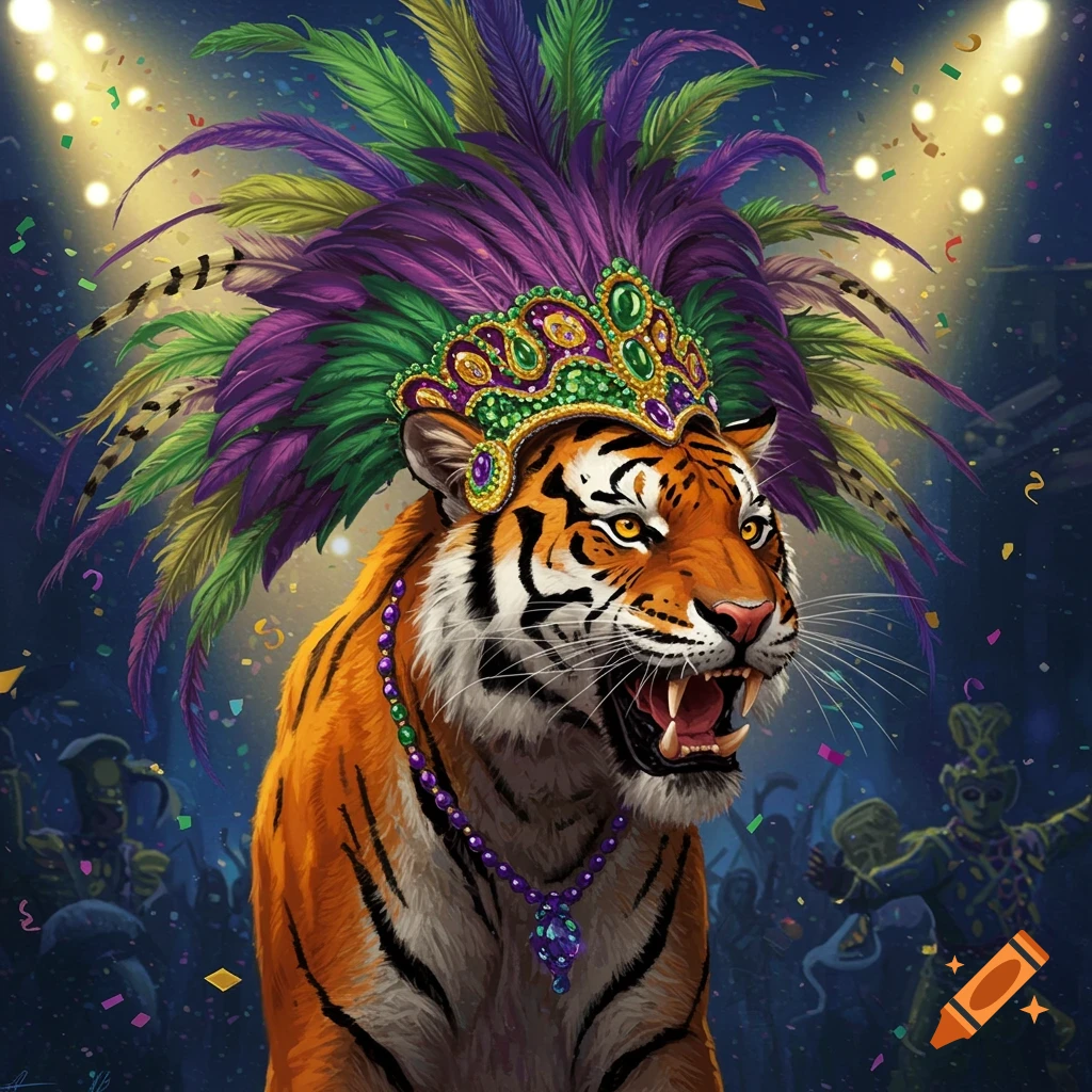 An angry tiger with a jeweled crown and colorful Mardi Gras feathers on its head roars amidst confetti and a blurry crowd.