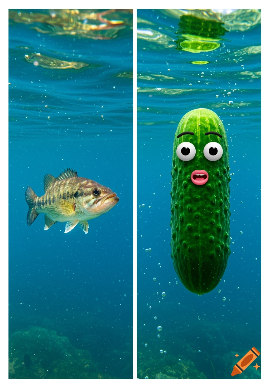 Two panels side-by-side showing an underwater scene; left is a bass fish, right is a cucumber with a cartoon face.