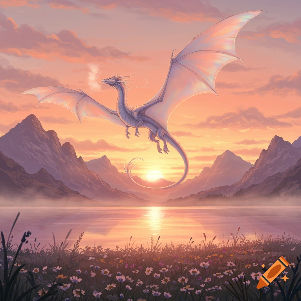 An ethereal dragon with large wings flies over a reflective lake at sunset, surrounded by mountains and wildflowers.
