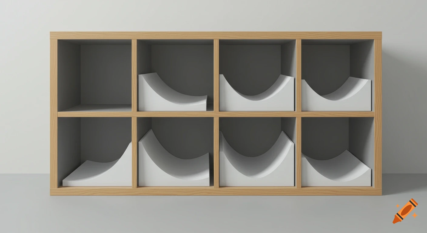 A wooden IKEA Kallax-style shelf unit with eight compartments, some containing white wave-shaped inserts, against a plain wall.