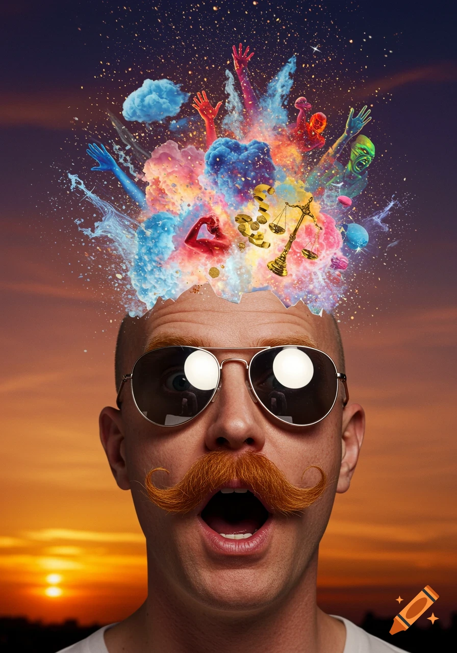 A bald man with a ginger mustache and sunglasses looks surprised as colorful abstract shapes explode from his head against a sunset.