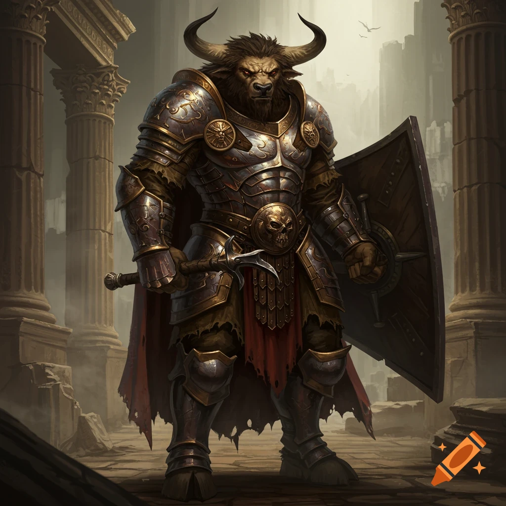 A heavily armored minotaur with brown fur stands holding a sword and shield amidst ancient ruins.