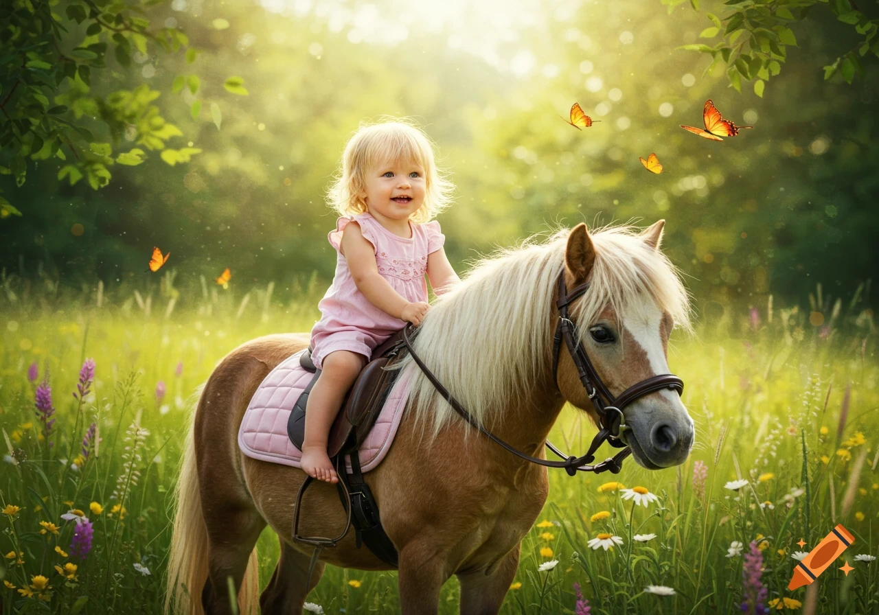 A smiling blond toddler in a pink dress rides a small pony in a sunny field with flowers and butterflies. Photorealistic style.