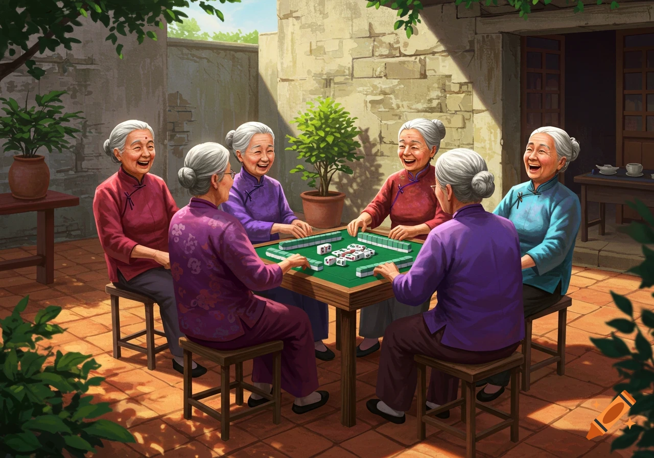 Six elderly Asian women with grey hair gather around a table in a sunny outdoor courtyard, playing mahjong, in an illustration style.