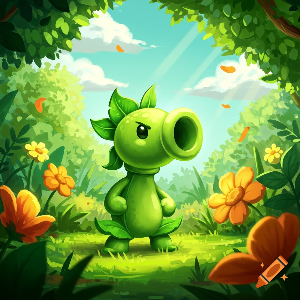 A cute, stylized green pea shooter character stands in a vibrant garden surrounded by flowers and foliage under a blue sky.