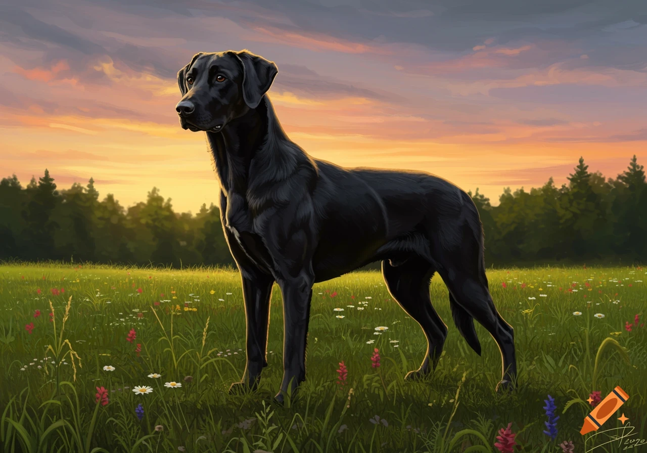 A majestic black dog stands in a vibrant green meadow filled with wildflowers at sunset.
