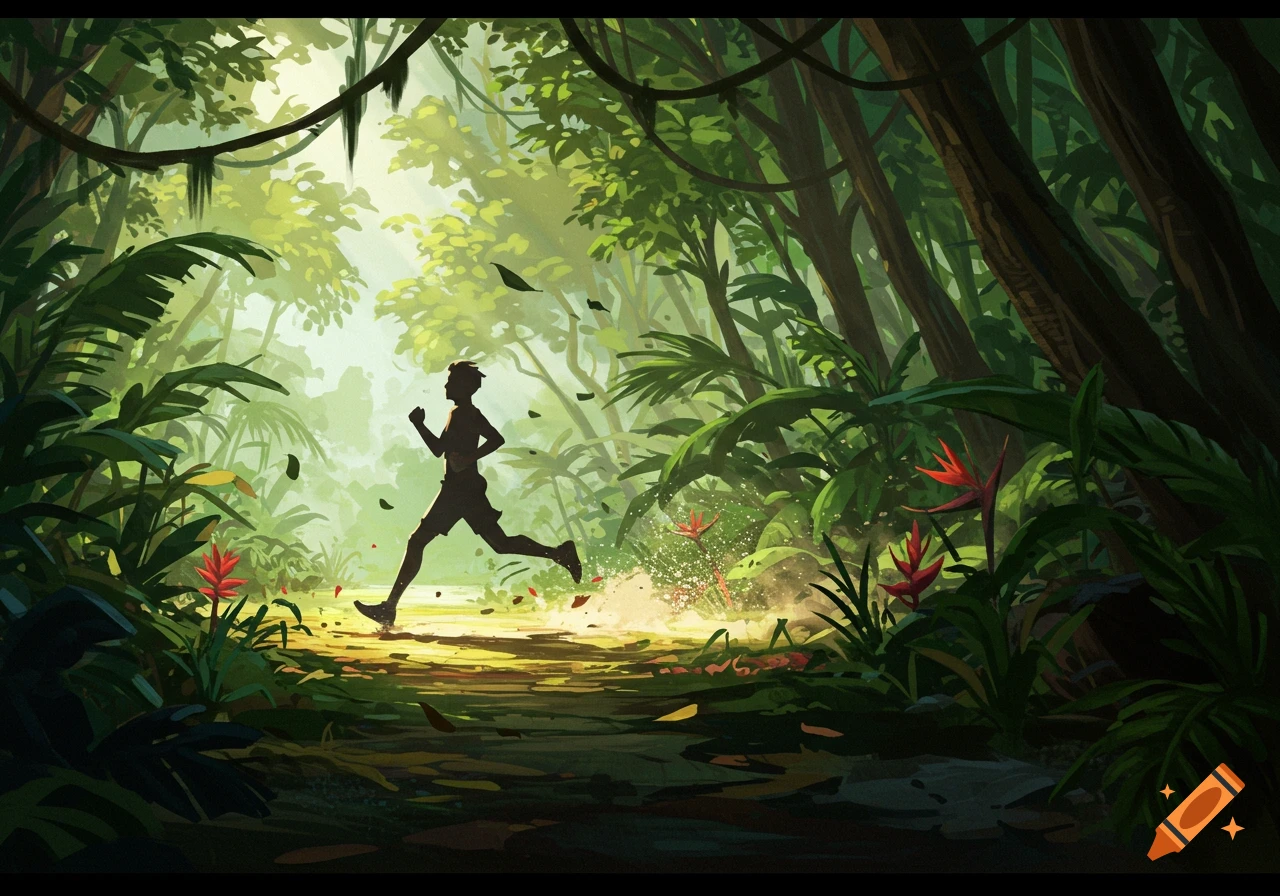 Stylized illustration of a person's silhouette running through a lush, sunlit jungle.