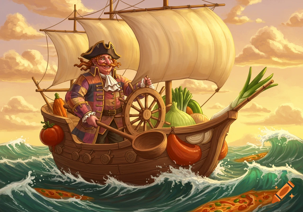 A smiling cartoon pirate captain steers a boat filled with vegetables, sailing on a sea with pizza slices floating in the water at sunset.