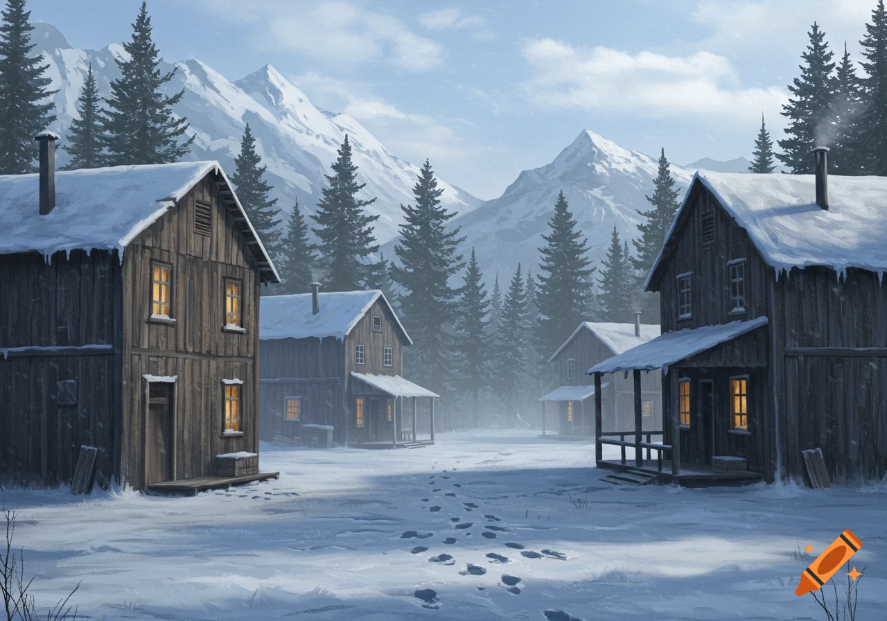 A snowy village of wooden cabins nestled in a mountain forest with light glowing from windows.