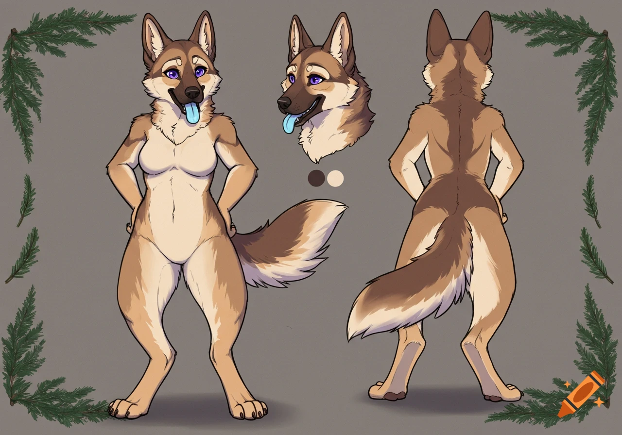 Semi-realistic anthropomorphic female German shepherd character reference sheet showing front, back, and head views with a playful pose.