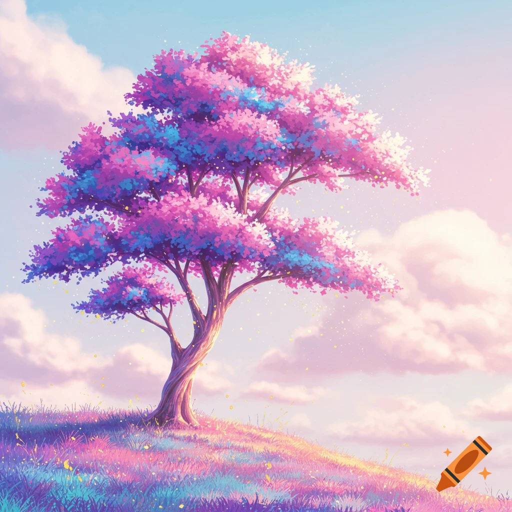 A vibrant tree with pink and blue foliage on a grassy hill under a pastel sky, in a whimsical digital art style.