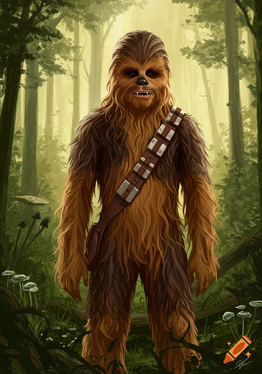 An illustration of Chewbacca with an underbite, standing in a lush, green forest.